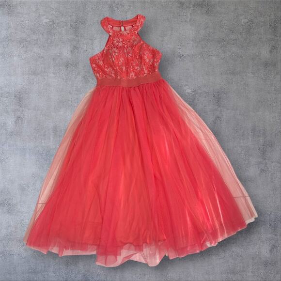 👗 Teeze Me Coral Pink Lace Halter Tulle Dress Size XS/S Prom Formal - Picture 6 of 8